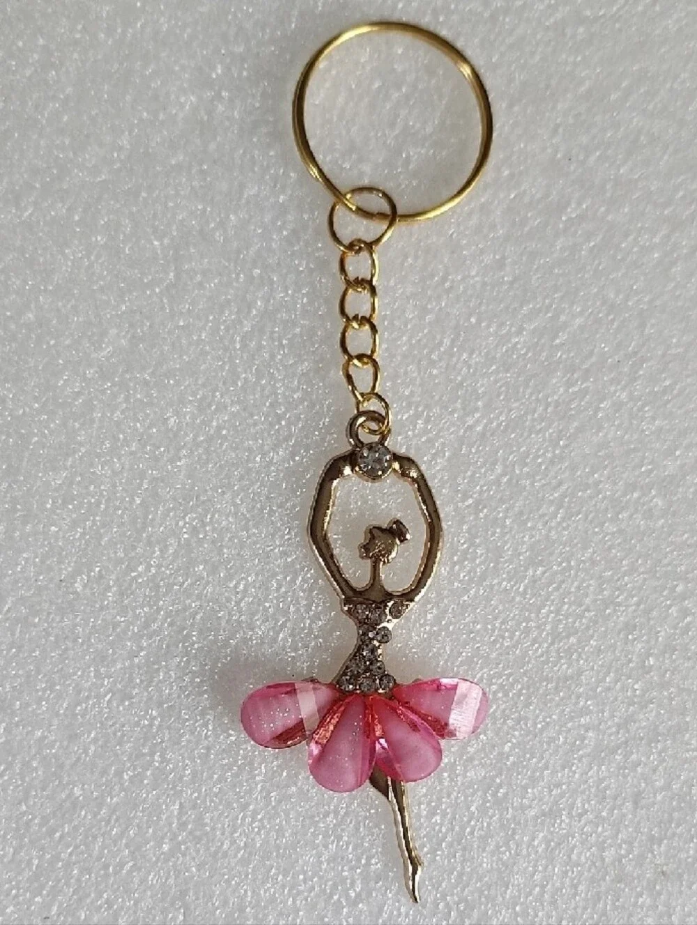 Hand Crafted Gold-Tone Ballerina Key & Card Holder with Pink Crystal Petals